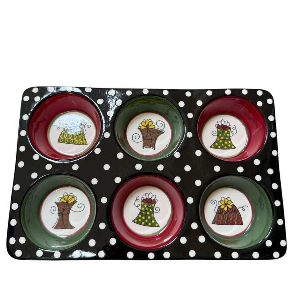 Pier 1 Imports Hand Painted Ovenware 6 Muffin Pan Tray Christmas Presents